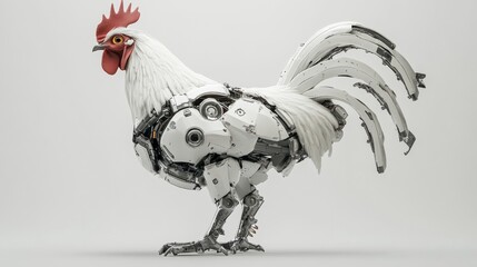 Poster - Robotic white rooster with mechanical components and red comb on white background. Futuristic technology and innovation concept