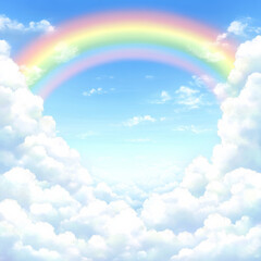 Wall Mural - vibrant rainbow arcs over fluffy clouds in bright blue sky
