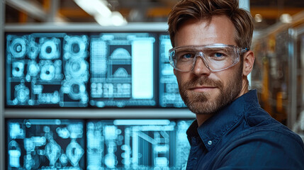 Aufkleber - focused man wearing safety glasses stands front of digital screens displaying technical data and graphs, showcasing modern industrial environment