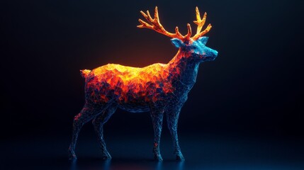 Poster - digital art of a glowing deer in vibrant neon colors, illuminated antlers and abstract polygon desig