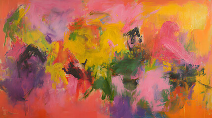 Poster - Abstract painting featuring pink yellow and green colors in a vibrant composition