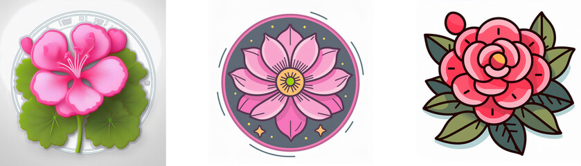 Wall Mural - three floral illustrations are depicted; a pink geranium, a stylized lotus in a circle, and a red ro