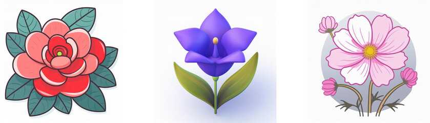 Wall Mural - three flower icons in a row. first one is a red layered flower with green leaves. second is a blue b