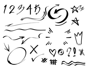 Poster - Hand drawn set of doodle emphasis design elements. Crown, arrow, heart, exclamation, star, number. used for infographic concept design