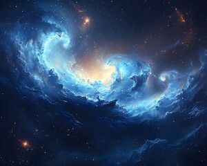 Wall Mural - glowing cosmic landscape with swirling stars and planets in deep blue hues