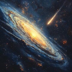 Poster - glowing galaxy scene with swirling stars and bright comet streaking toward radiant planet