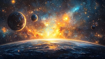 Poster - Vibrant Starry Background with Swirling Galaxies Glowing Meteor Showers and Radiant Planets Across Space