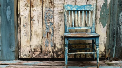 Sticker - A single vintage wooden chair with peeling blue paint, isolated in a rustic setting, perfect for artistic compositions.