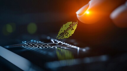 Poster - Close-Up View of Finger Activating Digital Leaf Symbol on Futuristic Touchscreen Interface with Glowing Elements