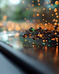 Poster - Abstract representation of molecular structures with glowing particles on a blurred nature background