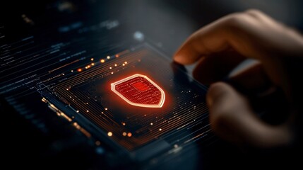 Poster - Hand Interacting with Digital Cybersecurity Interface Featuring Shield Symbol and Data Flow in Dark Environment