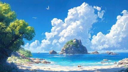 Wall Mural - Serene beach scene with lush trees, rocky outcrops, and a vibrant blue ocean under a bright summer sky. Ideal for travel, vacation, or relaxation themed projects.