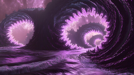 Poster - Vibrant purple ocean wave crashing on sandy beach during sunset with clear sky and gentle foam