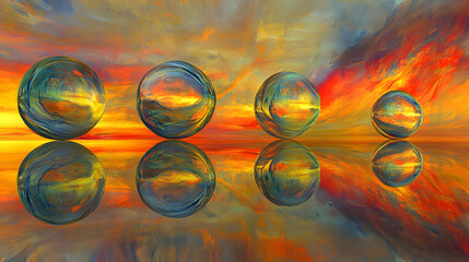 Poster - Painting of three colorful spheres floating in a blue sky with white clouds