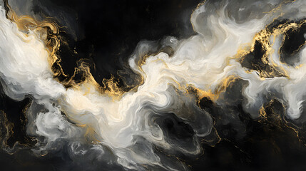 Poster - Black and white abstract painting with gold accents and intricate designs on a textured canvas background