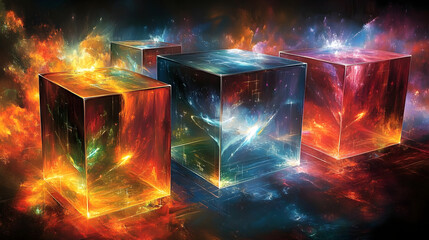 Poster - Three geometric cubes in vibrant colors set against a black background in an artistic arrangement