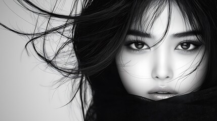 Wall Mural - Fine art black and white close-up of an Asian person, detailed features, rich textures, long windswept hair, striking facial contrast, moody and dramatic lighting, studio shot, modern aesthetic, 