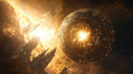 Wall Mural - A futuristic Dyson Sphere absorbs the radiant energy of a nebula, pulsing with interstellar power