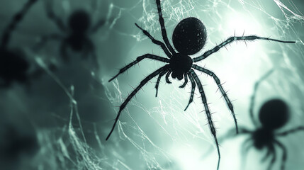 Close-up of spiders on webs in dim green light with eerie atmosphere. Arachnid and nature concept