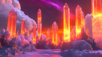 Poster - Futuristic city skyline with glowing buildings at night against a dark sky