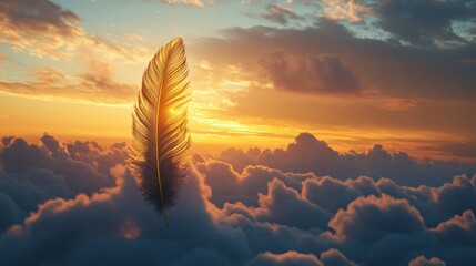 Aufkleber - Feather floating above clouds at sunset with vibrant sky and golden light. Surreal and dreamlike atmosphere, peace and tranquility concept