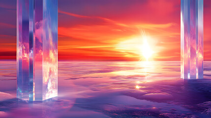 Poster - Sunset view with two tall buildings silhouetted against the colorful sky and clouds