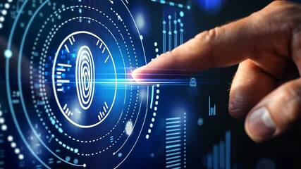 Poster - Businessman interacts with a futuristic fingerprint interface in a technology-focused office environment during the evening hours