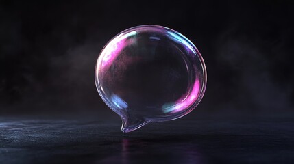 Poster - Transparent speech bubble with colorful reflections on dark background. Abstract communication and conversation concept