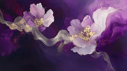 Poster - Purple and gold flowers blooming in a garden setting with green leaves and natural light