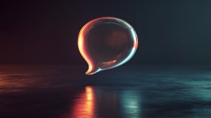 Poster - Transparent glass speech bubble with warm and cool reflections on dark background. Futuristic communication and technology concept