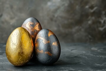 Wall Mural - Three Decorated Easter Eggs on Dark Background