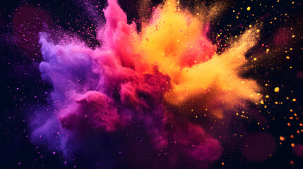 Poster - Colorful powder explosion on a black background creating vibrant abstract patterns and textures