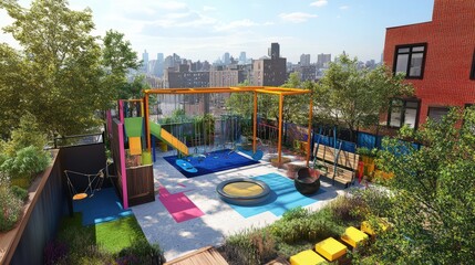 Vibrant Rooftop Playground Overlooking City Skyline