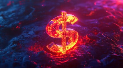 Poster - Glowing dollar sign on a dark, textured surface with vibrant colors, representing wealth and digital finance concept