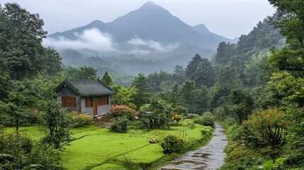 Poster - Misty Mountain Scenery with a Traditional Asian House