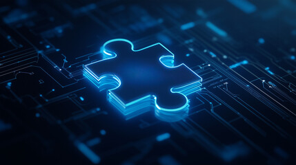 Digital Puzzle: A glowing jigsaw puzzle piece, symbolizing the interconnectedness of digital systems and the innovative solutions of technology, is set against a circuit board background.