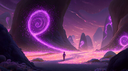 Poster - Man standing in a cave illuminated by purple light with rock formations and shadows