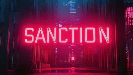 Poster - Illuminated neon signage displaying sanction in futuristic urban environment at night