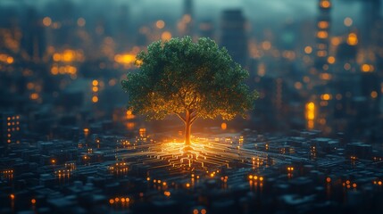 Poster - Tree illuminated by digital circuits in futuristic cityscape, glowing with warm lights. Nature and technology harmony concept