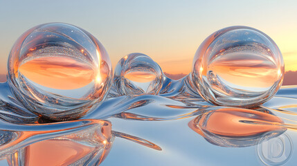 Poster - Group of glass spheres arranged on a reflective surface creating an abstract visual effect