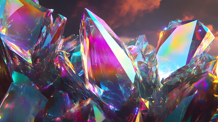 Poster - A group of various colorful crystals arranged on a flat surface with natural light reflections