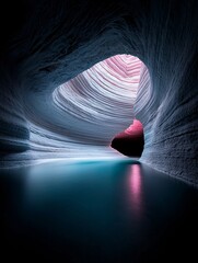 Poster - a hidden cave with glowing crystal formations illuminating the cavern walls, water reflecting the soft blue and violet light, highly detailed textures, mystical atmosphere