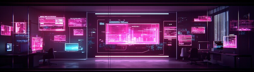 Poster - a high-tech laboratory filled with luminescent holograms and floating digital interfaces, scientists