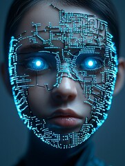 Poster - a cybernetic humanoid with glowing circuitry embedded in their skin, eyes radiating with soft neon blue light, futuristic portrait, sci-fi realism