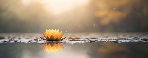 Poster - a glowing lotus flower floating on a tranquil pond, its petals emitting a soft golden light, delicate reflections shimmering on the water, serene and magical aesthetic
