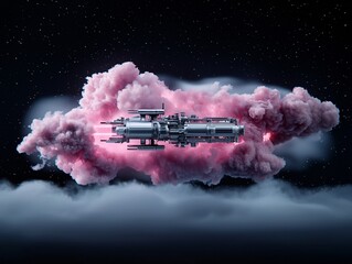 Poster - a spacecraft orbiting a luminous nebula, the cosmic clouds glowing with brilliant pinks and blues, s