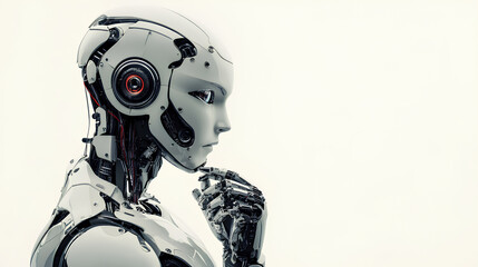Fototapete - robot thinking, side view, isolated on white background