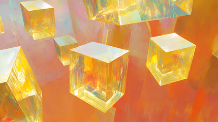 Poster - Colorful abstract painting featuring a collection of three-dimensional geometric cubes arranged in a dynamic composition