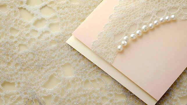 Pastel-Themed Wedding Cards on a Lace Background with Pearls