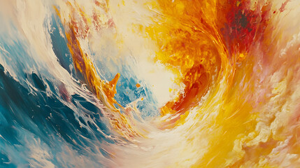 Poster - painting of a large ocean wave crashing against the shore with vibrant colors and textured brush str